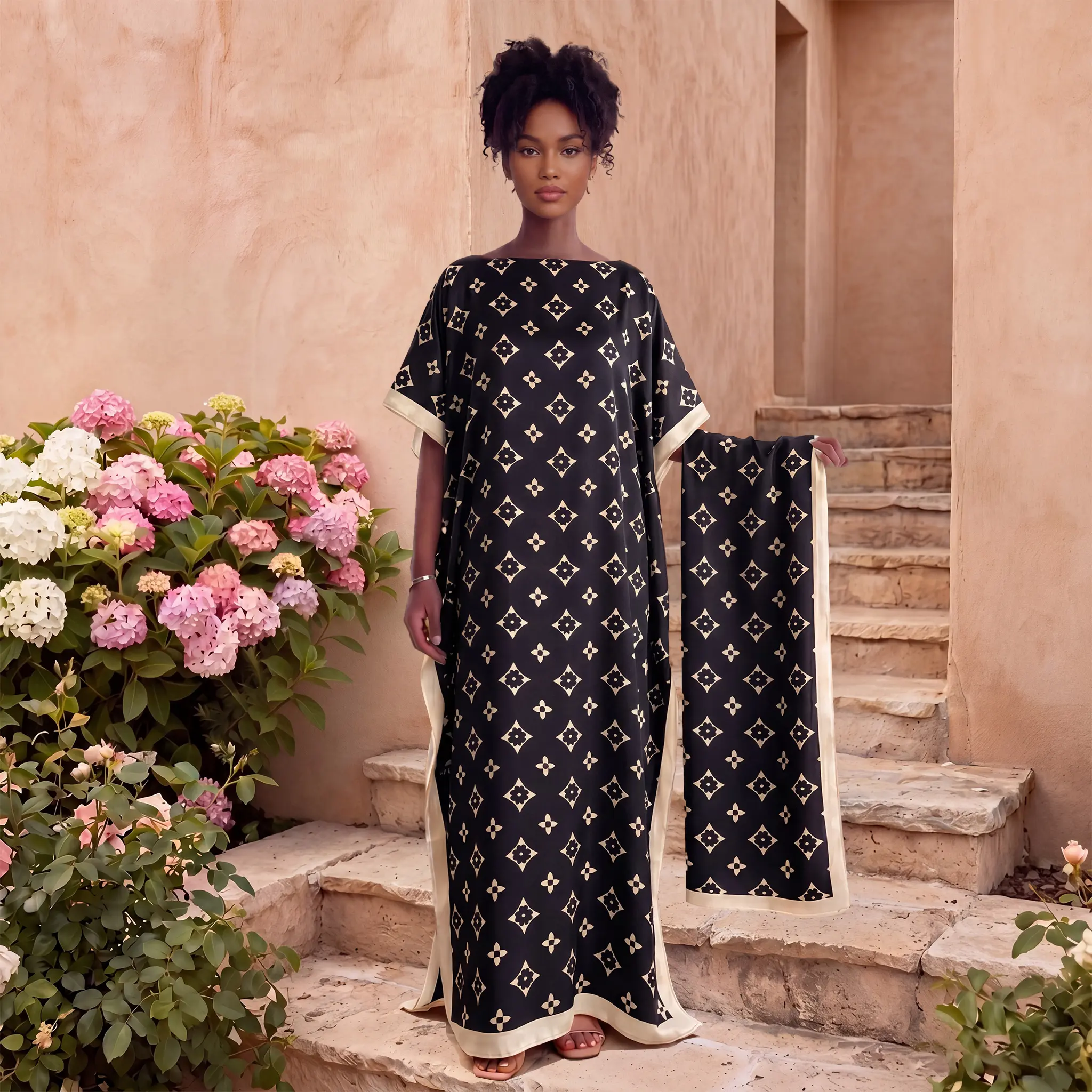 MOOMOO Women's 2-Piece Floral Print Polyester Satin Maxi Dress Set - Loose Long Kaftan with Minimalist Geometric Accent Matching Head Wrap Scarf