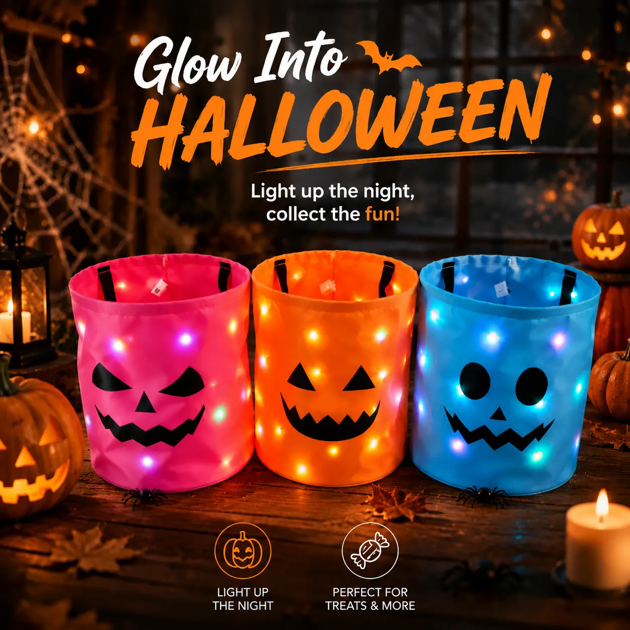 Halloween Themed Flashing LED Pumpkin Hand Carry Bucket, Large Capacity Trick Or Treat Candy Bag, Versatile Holiday Party Ornament Prop