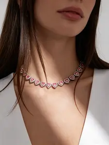 2pcs Crystal Heart Jewelry Set, Fade-Resistant Prong-Set Tennis Chain Necklace & Bracelet, Elegant Party Accessory for Women
