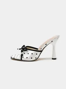 New Arrival Women Spring Summer Retro Round Toe High Heel Sandals, French Polka Dot Kitten Heel Mule Slides, Pearl Bow Design Slip On High Heels, Perfect for Daily Casual, Dating, Office Commute and Social Party Occasions