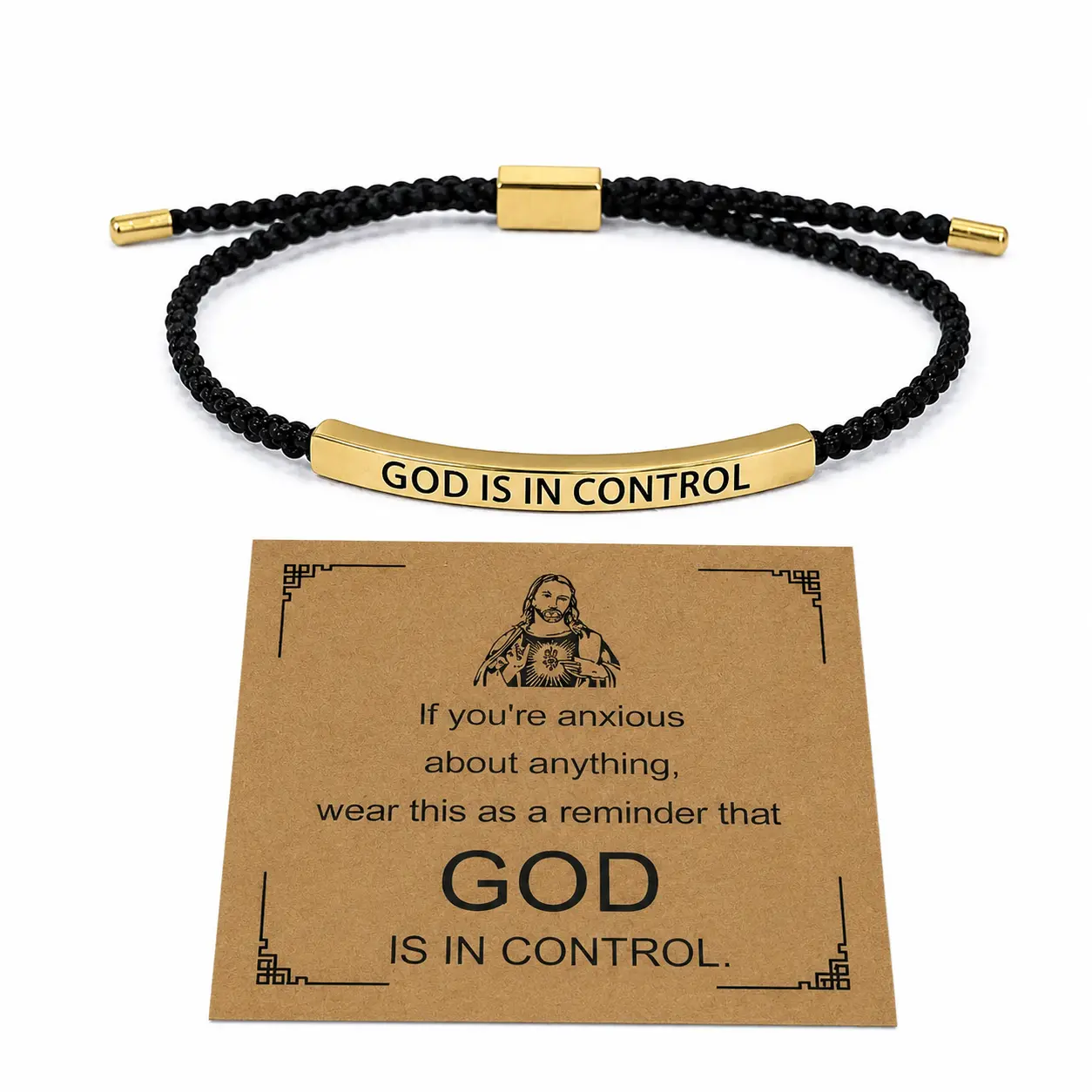 "God Is in Control" Inspirational Bracelet — Exquisitely crafted with artistic engraving; stainless steel with 18K gold plating. Combining profound meaning with elegant beauty, it makes a perfect Mother's Day gift with a touch of summer style.