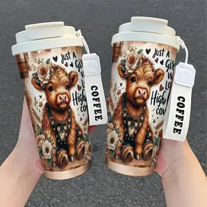 Gift Idea for Colleagues & Friends, 18oz Highland Cow Design Stainless Steel Double Wall Insulated Tumbler Cup, Perfect Drink Companion for Women & Moms