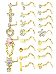 Rhinestone Decorated L-shaped Nose Rings, Heart & Cross & Butterfly & Flower Design Nose Studs, Body Piercing Jewelry for Women & Men, Nose Piercings Kit