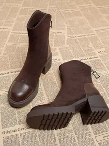 Women's Fashion Short Boots, Round Toe Flat Heel, Thick Sole, Back Zipper, Casual Style, Perfect for Daily Wear
