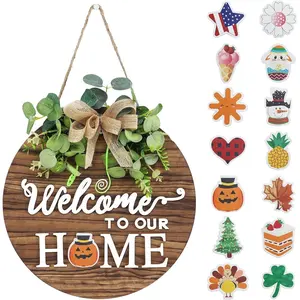 Interchangeable Seasonal Welcome Sign For Front Door Decoration, Rustic Round Wood Wreaths For Wall Hanging Outdoor, For Farmhouse, Porch, for Spring,Summer,Fall All Seasons, For Holiday, Halloween, Christmas
