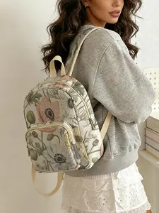 1 piece of floral pattern 2D printed ladies' backpack, corduroy texture + layered storage + light weight reduction | perfect for students going to class/shopping/short trips | combination of atmosphere and practicality