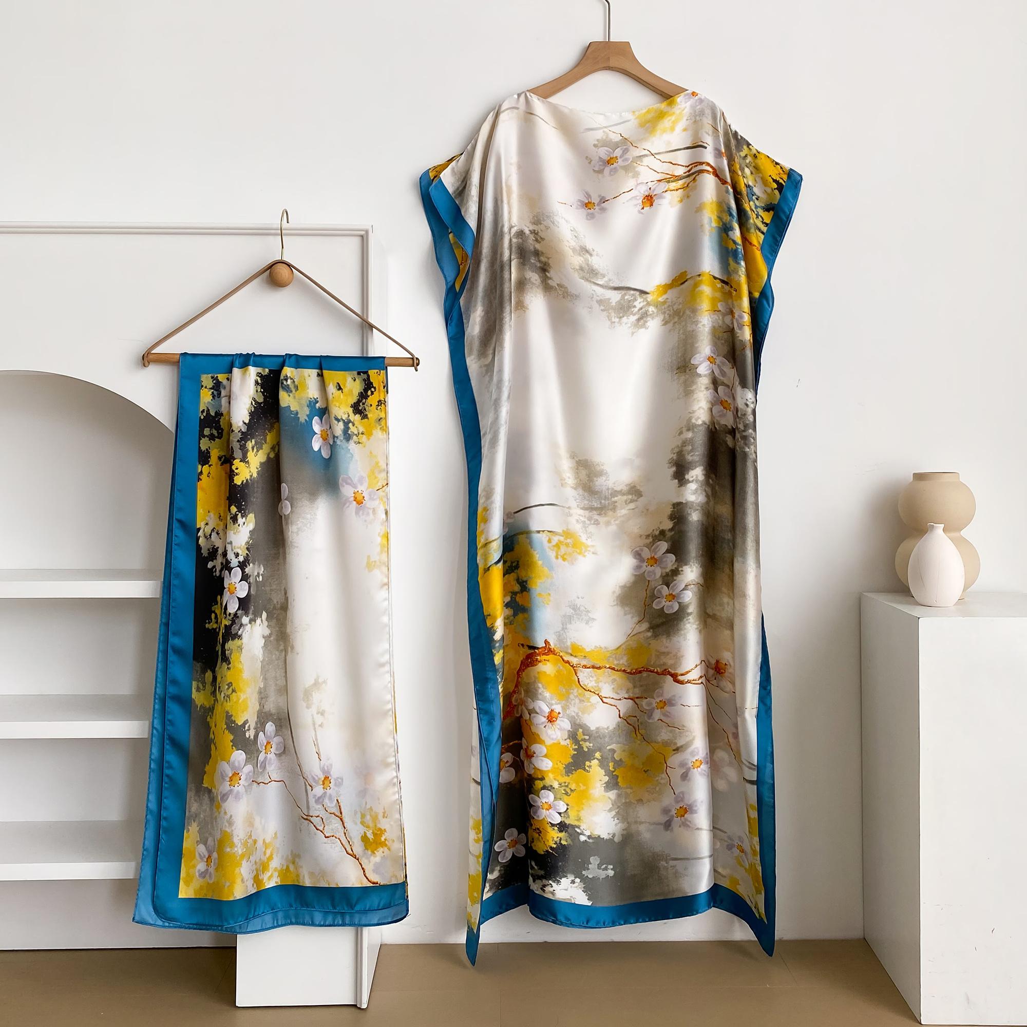 Women's Long Shawl Set Floral Print Robe Set with Shawl Collar Dress, Long Scarf Headband