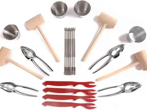 A 20-piece seafood set for 4 people, including 4 lobster and crab claws, 4 lobster shell crackers, 4 seafood forks, 4 sauce cups, and 4 lobster and crab hammers