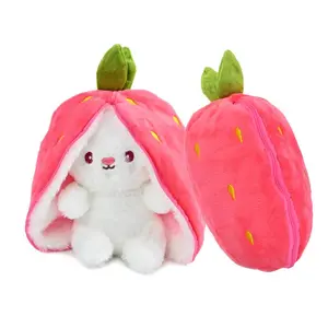 Cartoon Strawberry Rabbit Design Plush Toy, Soft Stuffed Animal, 1 Count Cute Reversible Bunny Design Pillow with Zipper, Stuffed Toys for Kids Girls Birthday Gift