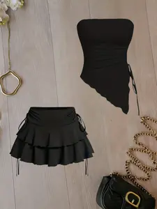 Women's Halter Adjustable Drawstring Irregular Top Set, Double Layer Ruffle Cake Short Skirt, Stylish Casual Womenswear for All Seasons