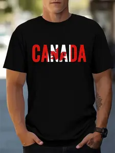 Men's Streetwear Casual Slim Fit Short Sleeve T-Shirt, Canadian Leaf Letter Creative Print, Loose Comfortable Sweat-Free Tee