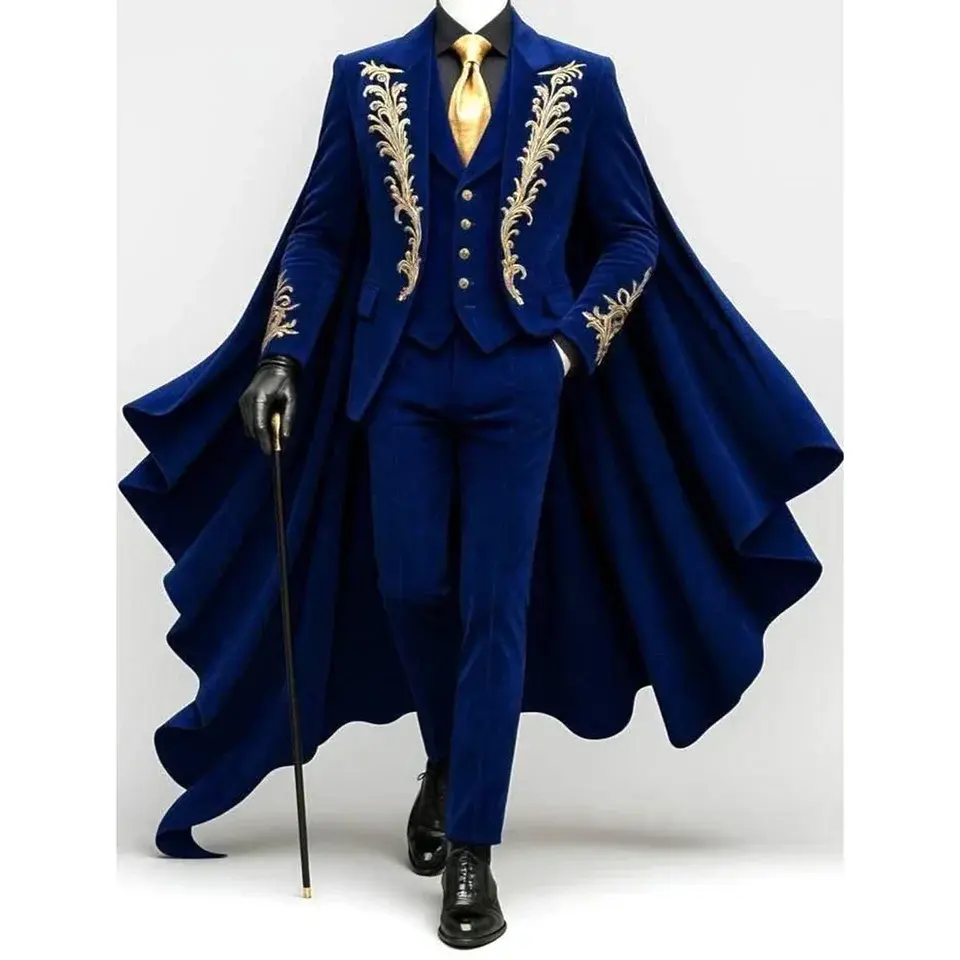Navy Blue Men's Luxury Suits 3Pieces Blazer Pants  Applique Single Breasted High Quality Cape Formal Wedding Tuxedo Customized
