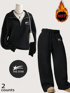 Women's Fall Winter Casual Fitted Half High Neck Zipper Sweatshirt Matching Set, Long Pants Two-Piece, Simple Letter the Star Print Casual Loungewear Set