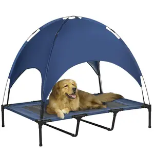 PawHut Elevated Portable Dog Cot Pet Bed with UV Protection Canopy Shade, 48 inch, Dark Blue