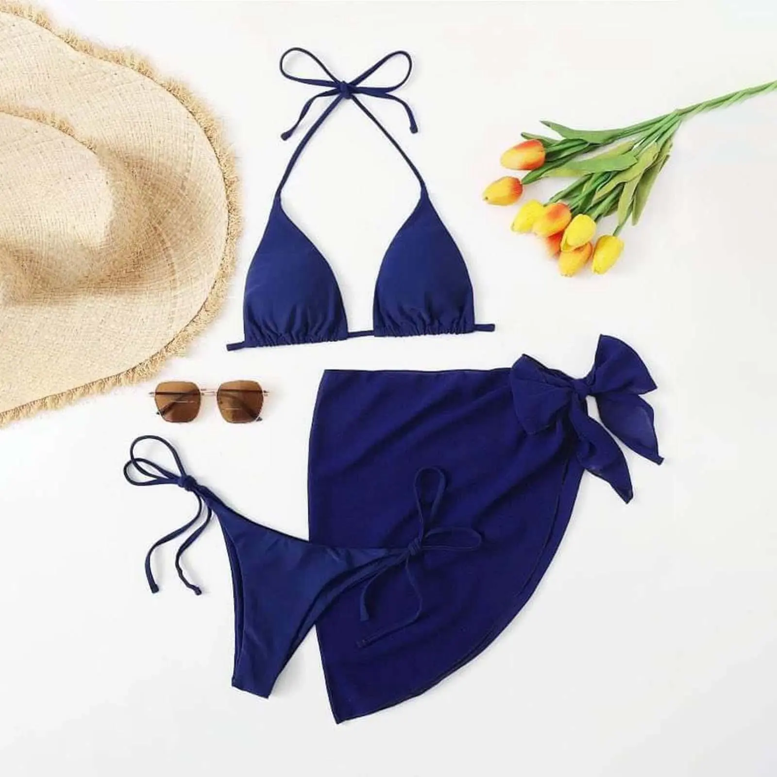 Women's Solid 3-Piece Swimsuit Style Bikini Set - Underwire Tie-Up Top, Frill Skirt, Fitted Triangle High Stretch Polyester Plain Beachwear, Quick-Dry Sports Swimwear, Sizes S-L