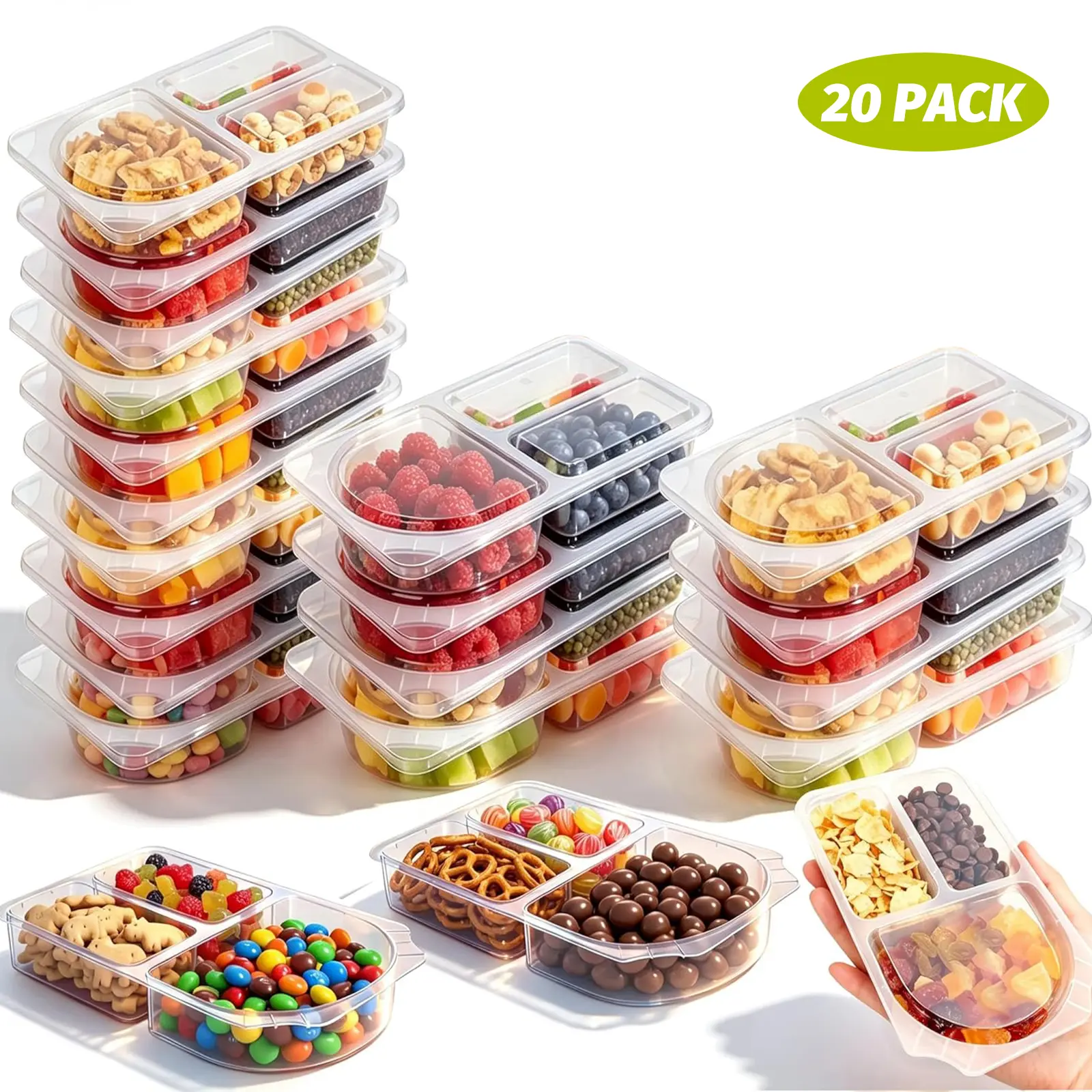 20pcs 3-Compartment Reusable Divided Lunch Trays with Lids - Bento Snack Containers, Kitchen Pantry Storage Organizer for Campfire/BBQ Party (Bento Lunch Ideas Compatible)