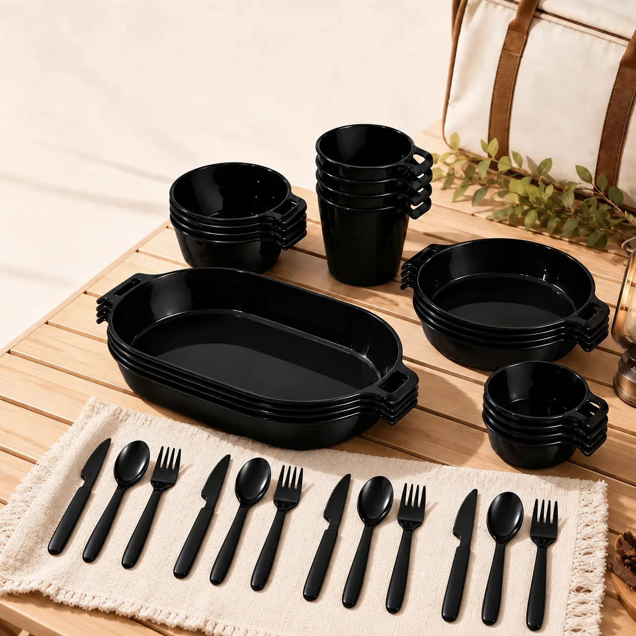 UFORU 21-Piece Camping Tableware Set for 4 - Black Compact Camping Gear Must Haves, Multifunctional Stacking Nesting Reusable Set with Handles, Microwave-Safe, Plates, Bowls, Cups, Dip Bowls, To Go Plates, Outdoor Meals Portable Pack with Storage Bag