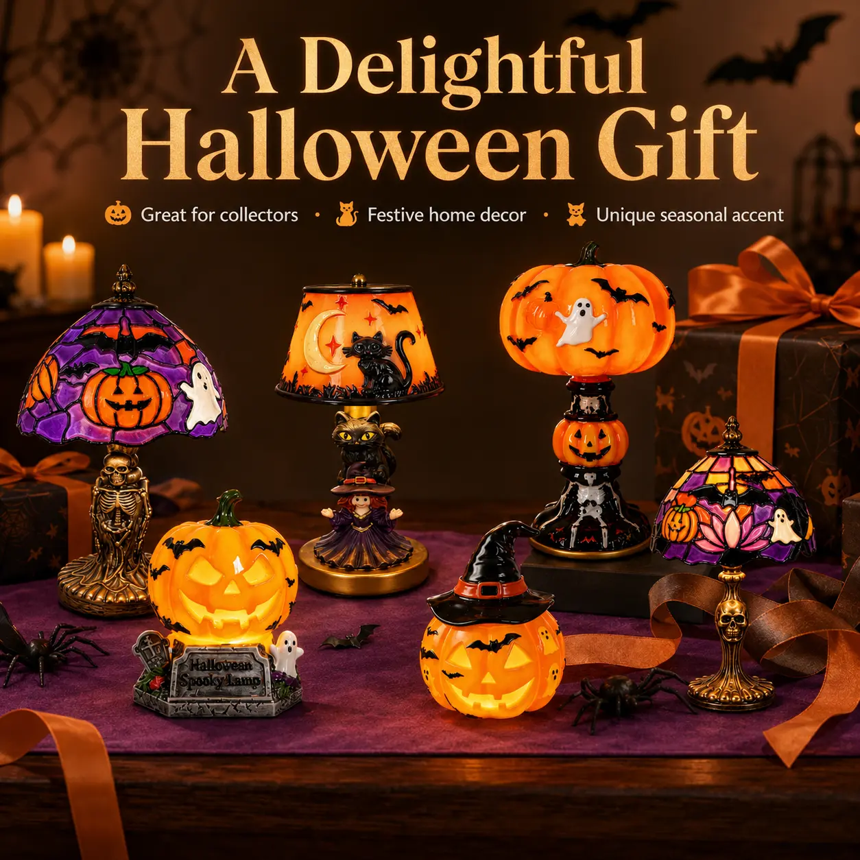 Retro Pumpkin Bat Pattern Desk Lamp, Vintage Glow Night Light for Bedroom and Living Room, Cozy Halloween Decor Ideal Gift for Home, Haunted Vibe