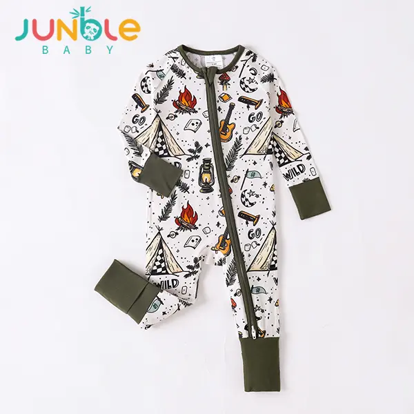 Junblebaby Bamboo Baby Romper with Convertible Footies, 2-Way Zipper Happy Camper Infant Sleepsuit, Baby Items Pajamas