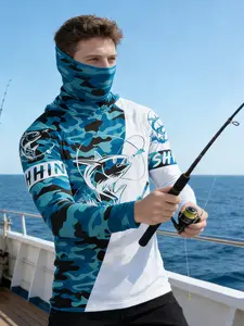 Men's Fishing Hoodie with Face Cover, Long Sleeve Neck Sailing Shirt for Summer Dry Fit Performance, Hunting Jersey and Beach Tops Wear, Camo Hoodie