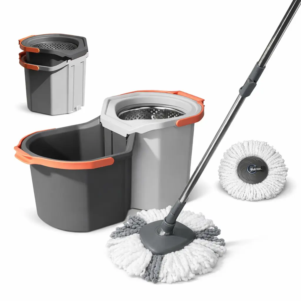 Easywring Spin Mop & Bucket Home Cleaning Bundle - 360° Rotating Double Bucket System, 3 Microfiber Mop Heads, Adjustable Design for Home Cleaning, Two-Bucket Mops, Rotating Head Mops