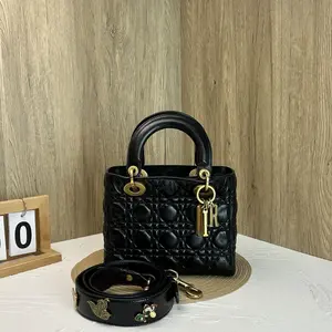 Pre-owned Dior Small Lady Bag in Black Waxed Leather with Gold Hardware 866