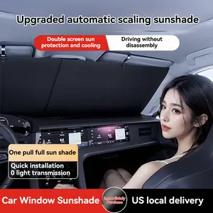Retractable Windshield Sun Shade Car Folding Sunshade with Hooks & Suction Cups Fabric UV Resistant Front Blocker for Car Windows