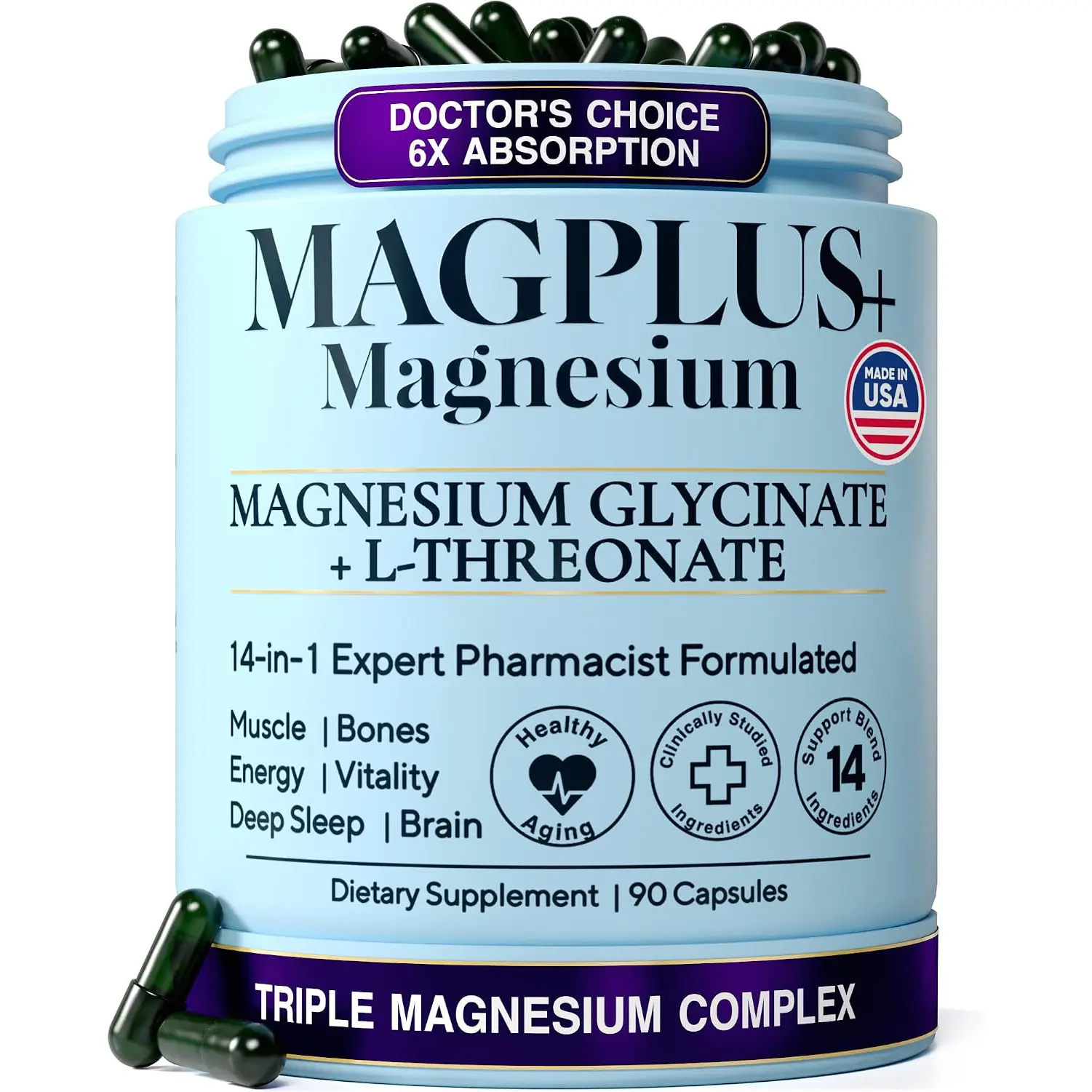 Liposomal Magnesium Complex 900mg with Magnesium Glycinate L Threonate Citrate Taurate Malate Sleep Brain Muscle Support 90 Capsules