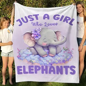 Cute girl elephant-themed flannel blanket, Lightweight throw blanket - "Just a girl who loves elephants" - soft, lightweight, and warm, perfect for sofas or beds - A comfortable seasonal gift with a purple flower elephant design