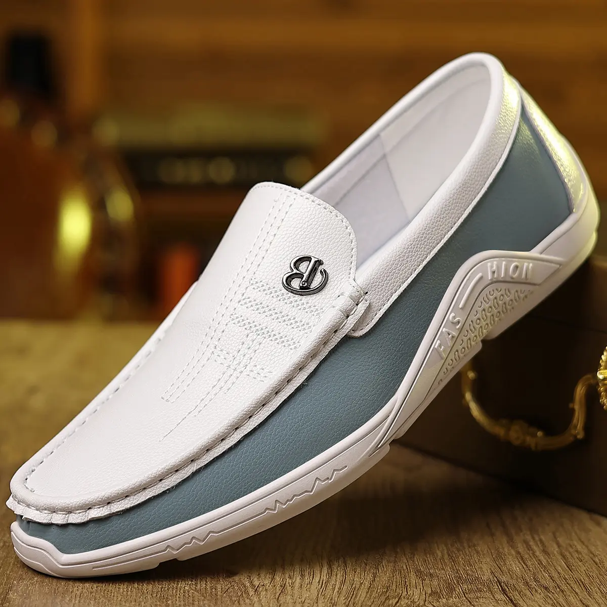 Men's casual shoes, one foot on set, loafers, lightweight, soft soled, white shoes