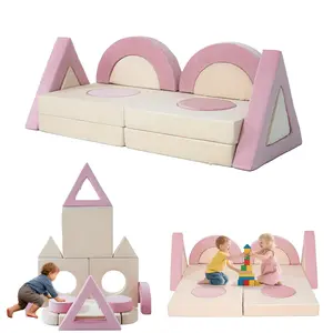 14Pcs Modular Kids Play Couch Toddler Foam Sofa for Fort Building, Climbing & Indoor Play, Convertible Sectional Furniture for Playroom, Beige Pink