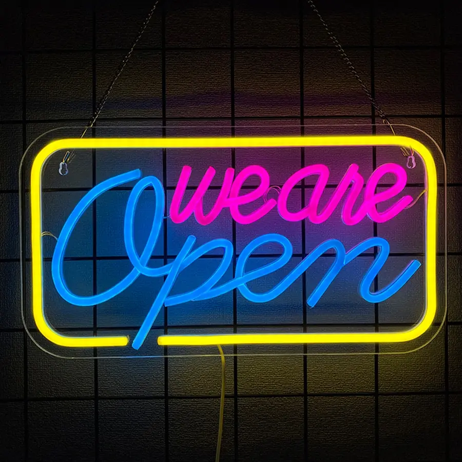 Neon We Are Open Signs for Business,Open Sign LED, Super Bright & Easy to Spot Open Neon Sign(Pink&Blue&Yello), with ON/OFF Switch, Ideal for Window, Party, Wall, Bars, Coffee