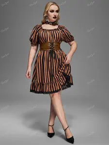Gothic Striped Printed Puff Sleeves Ruched Lace Trim Lace-up PU Panel Belted A Line Dress plus  size  goth fall dress Casual Womenswear women's clothing goth clothes western dresses short sleeve dress