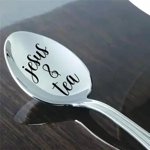 Stainless Steel Spoon, Jesus & Tea Letter Pattern Spoon, Coffee Spoon, Tea Spoon, Kitchen Utensils, Tableware, Cutlery, Gift for Friend & Family