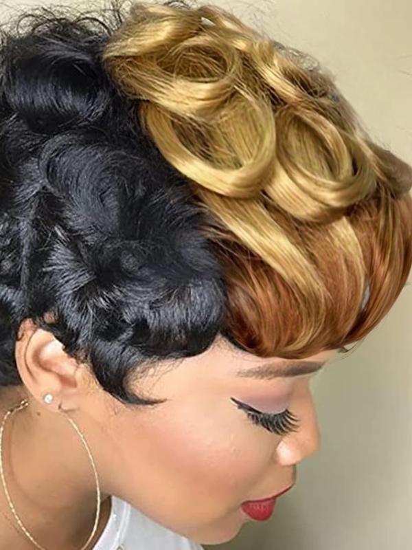 Short Pixie Wigs for Women, Wavy Synthetic Short Hair Wig with Bangs, Curly Pixie Wig for All Seasons, Glueless Bangs Wig