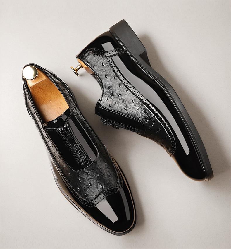 Men's Ostrich-Embossed Zipper Loafers, Brogue Formal Dress Shoes58096