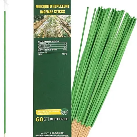 60 Pcs Citronella Anti-Mosquito Incense Sticks - DEET-Free Eco-Friendly Repellent with Essential Oils, Plant-Based No-Battery Outdoor Pest Control for Patios, Decks, Porches, Beach Outings, Fishing Trips (50 Mins Protection)