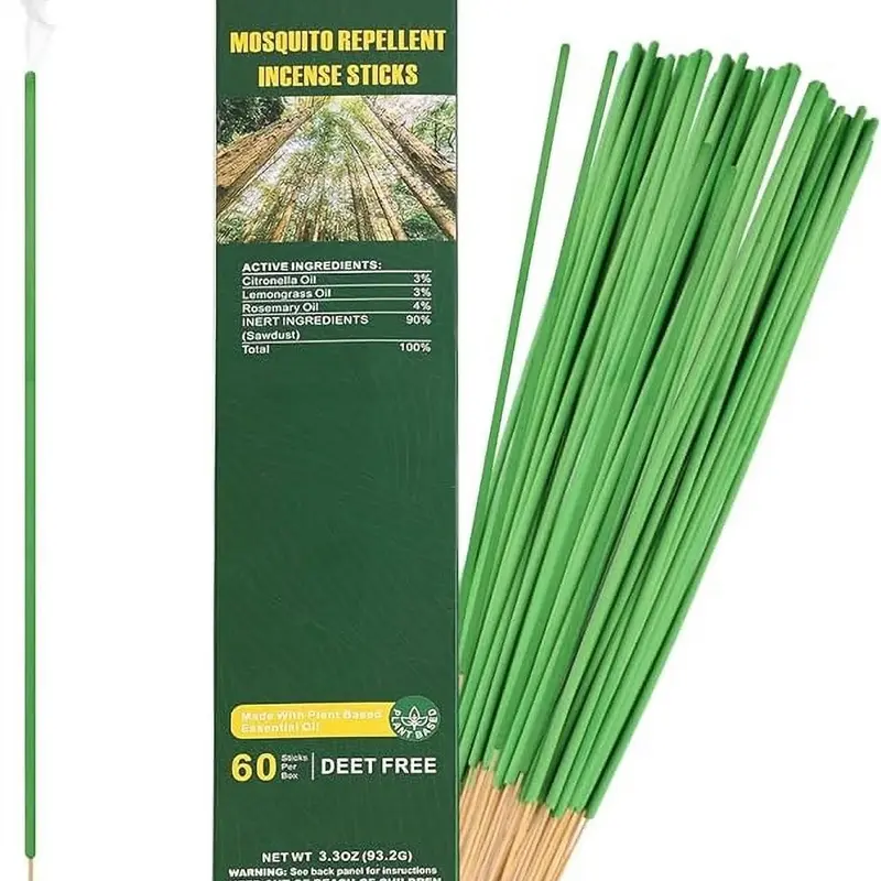 60 Pcs Citronella Anti-Mosquito Incense Sticks - DEET-Free Eco-Friendly Repellent with Essential Oils, Plant-Based No-Battery Outdoor Pest Control for Patios, Decks, Porches, Beach Outings, Fishing Trips (50 Mins Protection)