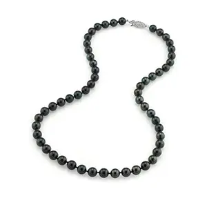 The Pearl Source 8.0-8.5mm Black Akoya Japanese Pearl Necklace for Women - 14k Gold Pearl Strand Necklace | 18in Long Pearl Necklace with Genuine Cultured Pearls