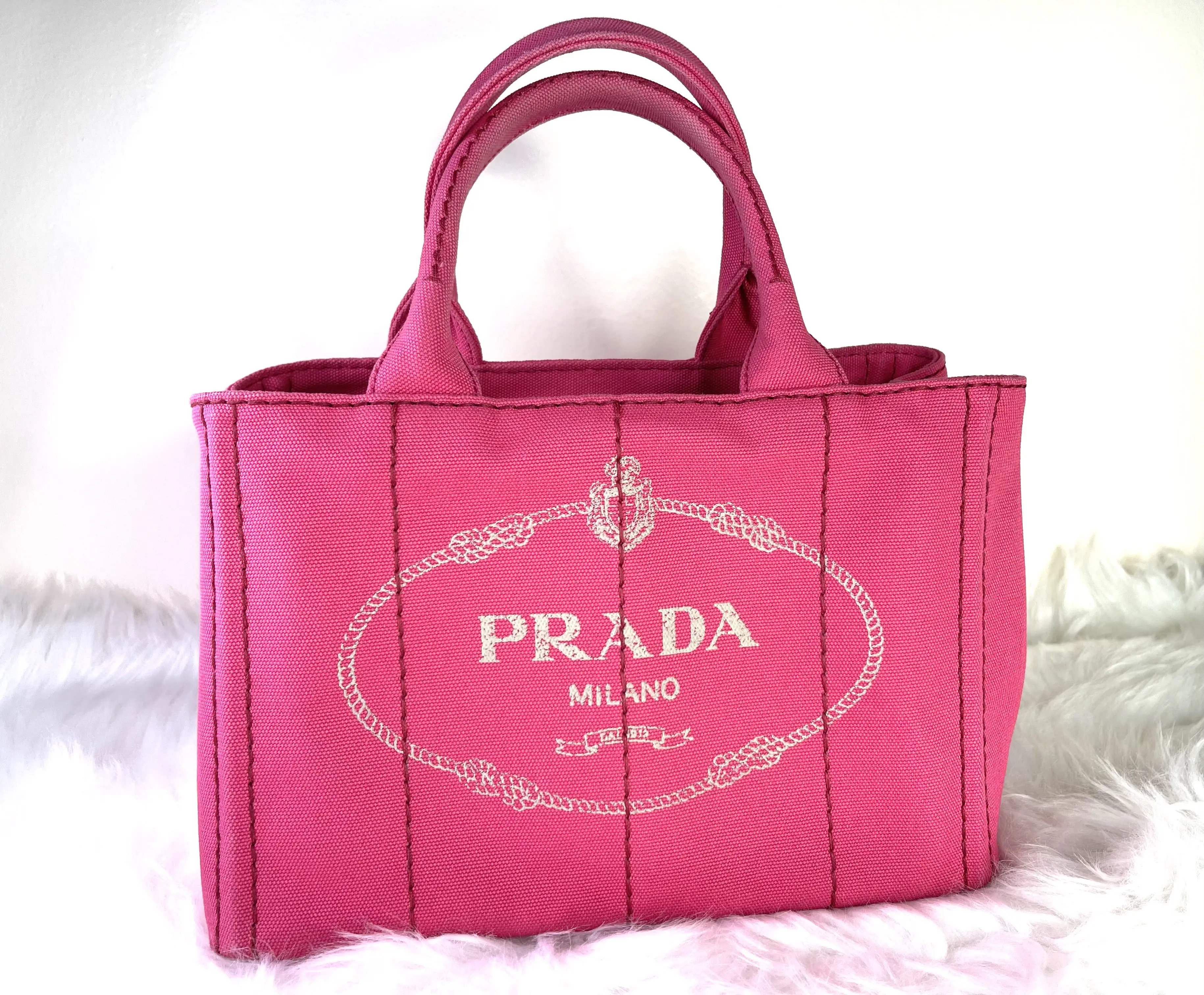 Pre-owned PRADA Canvas mini bags Logo Canapa Mini Hand Bag Tote Bag Pink BN2439 Used