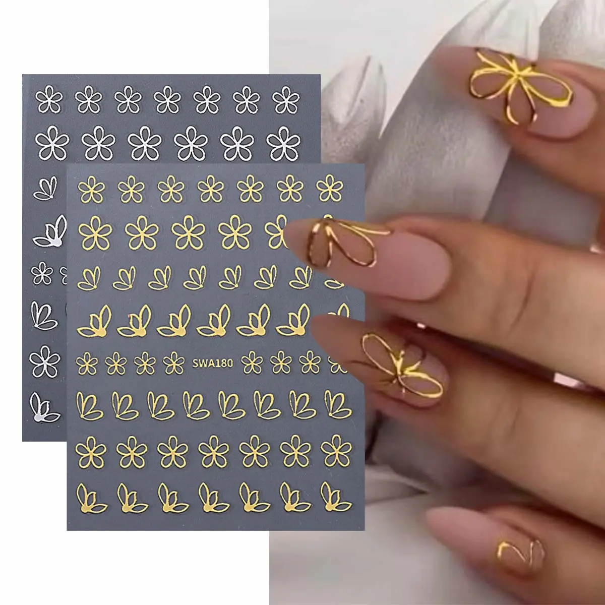 2 Pcs Flower 3D Nail Art Stickers, Nail Art Decoration, Gold & Silver Color Spring Petal Elegant Pattern DIY Nail Decals, Suitable for Women and Girls, Flower Nails