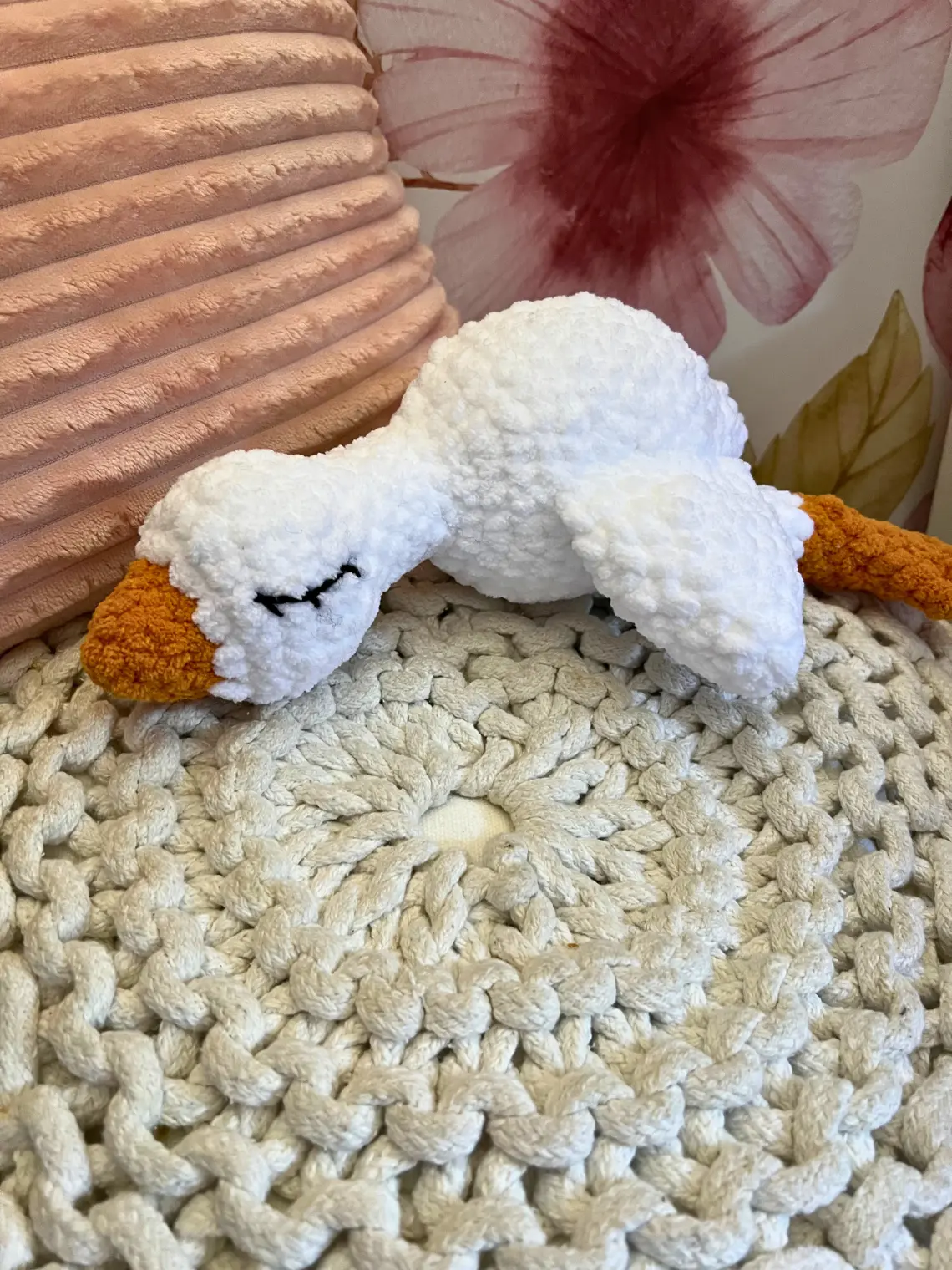 Sleeping Goose Crochet Plushie - Handmade Stuffed Animal in White and Gold, Peaceful Farmhouse Decor, Gentle Baby Gift