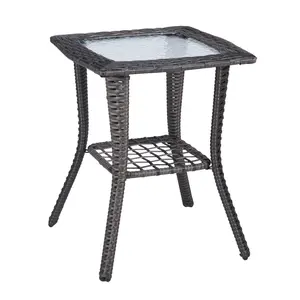 Rattan Side Table with Water Ripple Glass Top - Outdoor Wicker End Table, Weather-Resistant & Lower Shelf for Garden/Porch