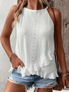 Women's Plus Size Fashion Solid Color Asymmetrical Ruffle Hem Mesh Cutout Vest, Casual Summer Top, Comfortable and Stylish