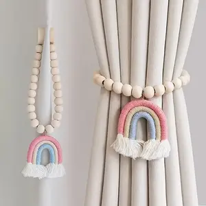 Bohemian Magnetic Curtain Tie Back with Wooden Beads & Rainbow Tassel – Handmade Macrame Crystal Beads Drapery Holder, Easy Install for Living Room Bedroom, Curtain Accessories, Bohemian Decor, Boho Style