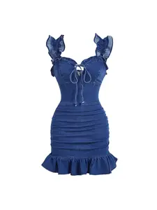 Women's Sweet Spicy Frill Shoulder Strap Denim Bodycon Dress, Tie-Waist Ruched Mini Dress, Boho Style Patchwork Design, Casual Wear