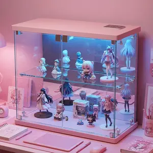 Miu Modern Decor Display Cabinet with Glass Doors,Storage Cabinet with 3 color light,2-Tier Curio Cabinet case for Collectibles,Toys，Books，for Playroom，Bedroom，Study Room,Black,Pink