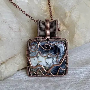 Wire wrapped copper pendant, Dendritic Opal with mountain and storm design