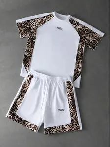 Y2K Leopard Print Patchwork Sports Set for Men | White Short-Sleeve T-Shirt & Drawstring Shorts Two-Piece Set, Street Style Loose Fit Suit, Casual Summer Sportswear, Fashionable Home Daily Wear & Gym OOTD, TikTok 🔥