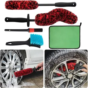 5 Pack  Wheel and Tire Cleaner Brushes Kit Auto  Rim Ultra Soft Microfiber No Spatter Bendable Woolies Bristle Cleaning Set (Red & Black)